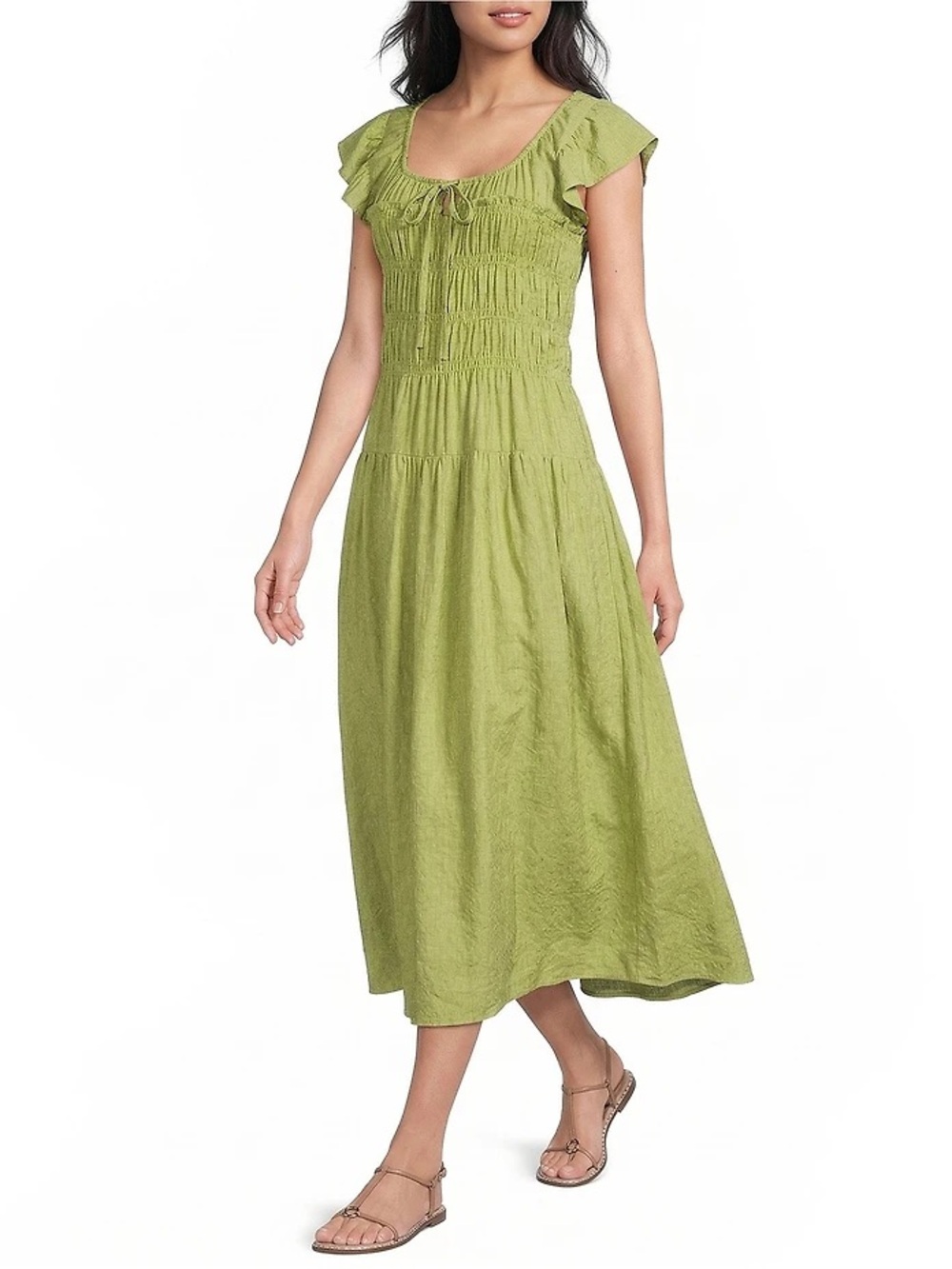 NWOT BLU PEPPER Ruffle Sleeve Scoop Neck Shirred Midi Dress, Large
